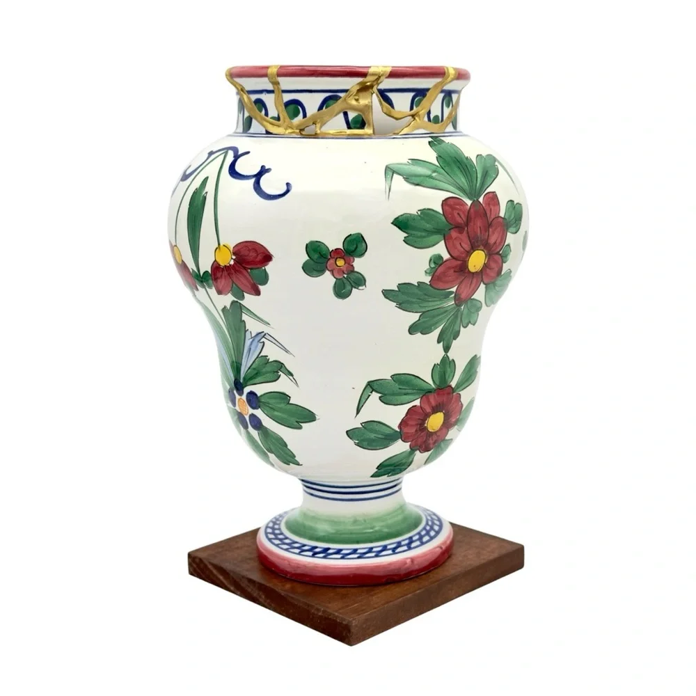 Kintsugi Vase Italian Majolica Pottery Gold Crack Art Personal Growth Gift - Picture 7 of 17